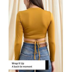 Mustard Round Neck Waist Tie Up Fitted Crop Top